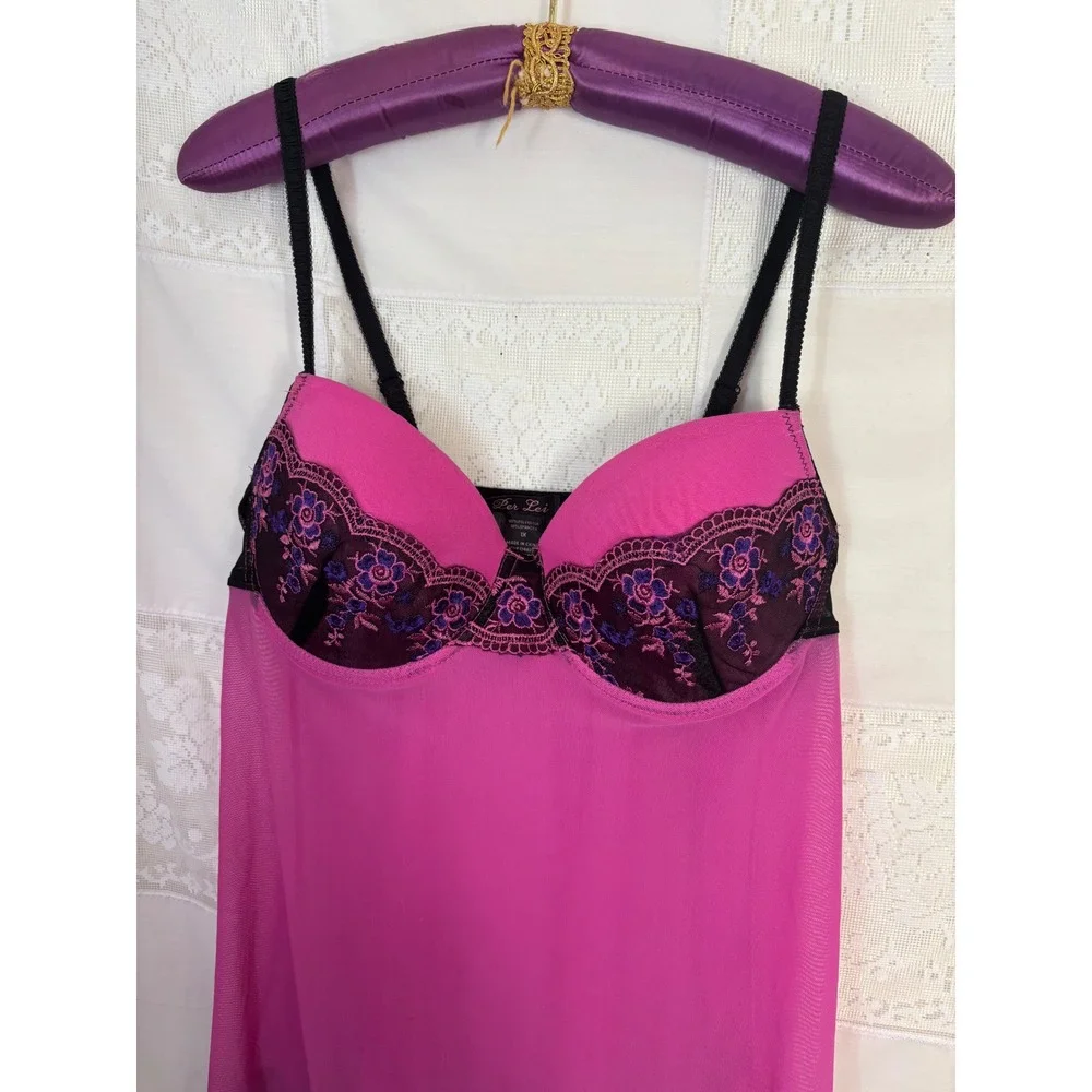 Y2K Pink+Black+Purple‎ Floral Embroidered Coquette Sheer Mesh Chemise Size XL